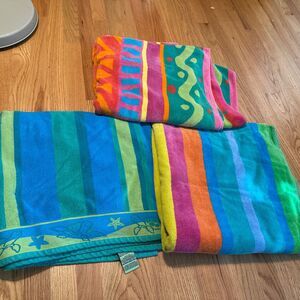 Vtg Cecil Saydah Beach Towels Set of 3 Colorful Patterns Stripes 63x33” Turtle